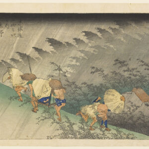 woodblock print of men in the rain
